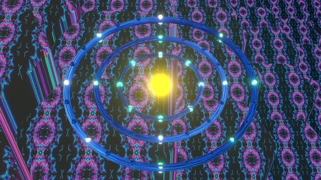 mesmerizing hypnotic thin torus donut rings eight rim lights turning rotating spinning perpendicular 10 seconds seamless looping moving pulsing background animation screensaver visualizer hd video