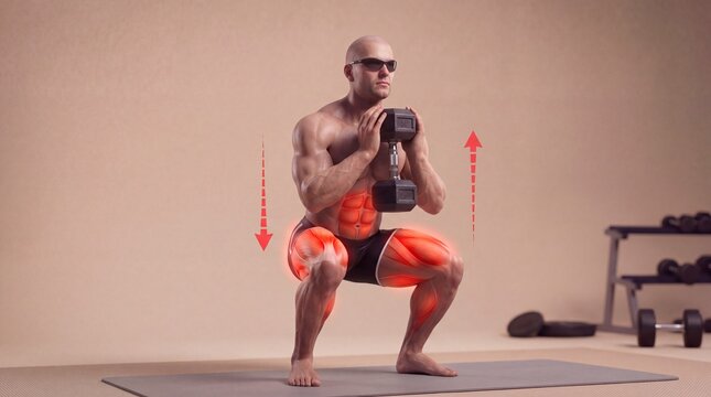 Muscular man performing dumbbell goblet squat with leg muscle highlight infographic, dumbbell