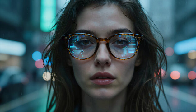 Cyberpunk-Portr&auml;t einer Frau mit digitaler Anzeige auf der Brille
