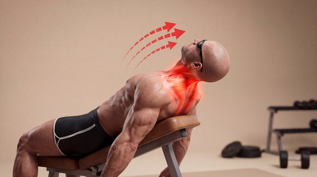 Man performing neck extension exercise on incline bench with muscle activation highlighted, exercise