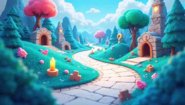 Cartoonish winding path through fantasy land with whimsical trees, stone structures, and glowing elements. Adventure game map with question marks invites exploration and discovery on vibrant journey.