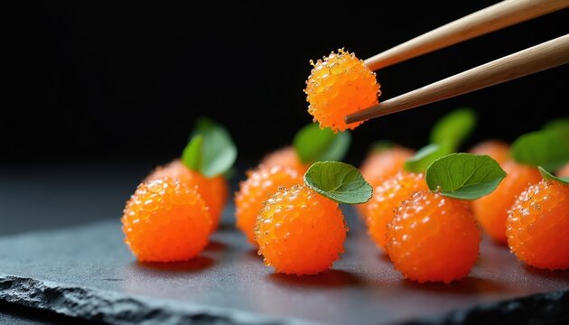 Chopsticks hold spherical vegan caviar made by spherification. Orange food pearls with green leaves garnish on dark slate plate. Fine dining gourmet cuisine preparation.