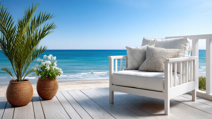 Fototapeta premium White outdoor seating area on a wooden deck overlooking a calming blue ocean and sandy beach, creating a perfect serene tropical vacation getaway destination