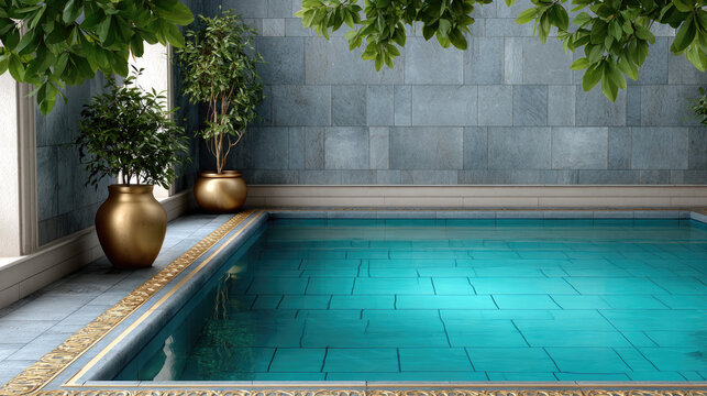 Luxurious indoor swimming pool area offering a spa like retreat with clear turquoise water, elegant gold accents, lush potted plants, and serene grey stone walls, evoking relaxation and well being