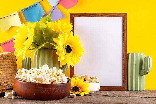 Minimal wooden picture frame with sunflowers and popcorn bowl on a bright vibrant yellow surface