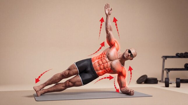 Side plank core exercise with oblique abdominal muscle group highlighted for fitness training
