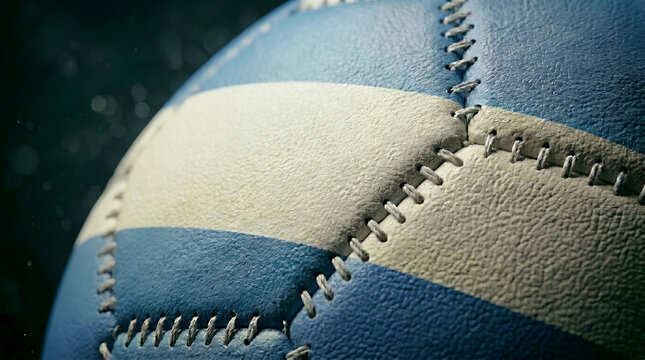 Macro texture of soccer ball with Argentina flag colors blue and white leather stitching for 2026 global football tournament championship