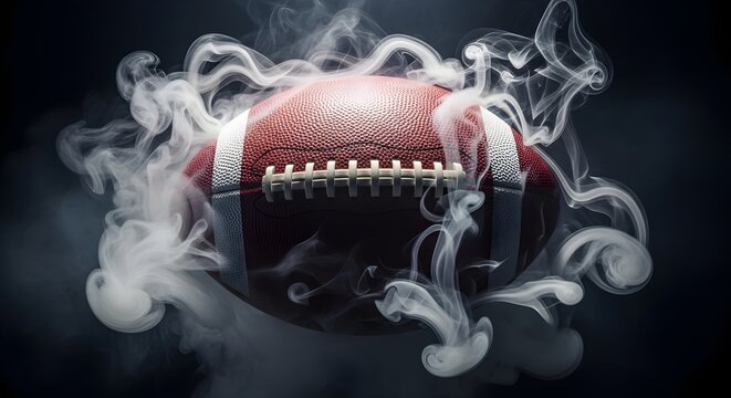 A football surrounded by smoke on a dark background with dramatic lighting effects