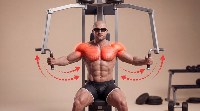 Athlete performing chest fly exercise on machine with anatomical muscle highlights, exercise