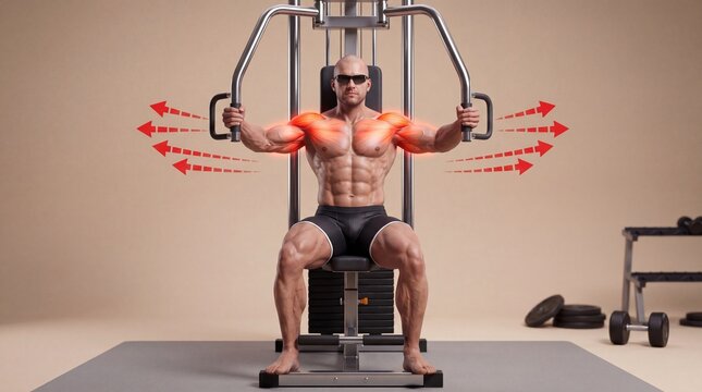 Muscular man using chest fly machine with highlighted pectoral muscles anatomy pectoral training
