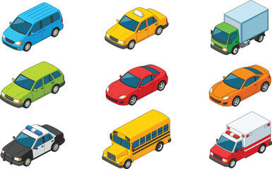 Isometric Vehicle Collection Set with Cars Truck Police Car Ambulance Bus and Transport Vector Illustration © MdSaddam