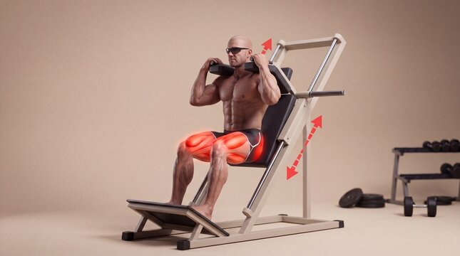 Muscular man performing hack squat exercise on gym machine targeting quadriceps muscles