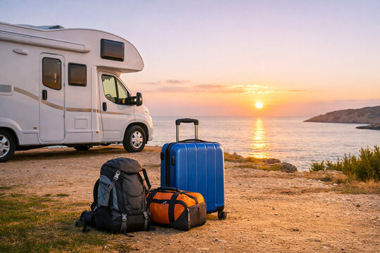 Luggage set with blue suitcase and backpacks near a motorhome parked on a coastal cliff at sunset