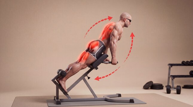 Bodybuilder performing hyperextension exercise on gym bench highlighting lower back muscles