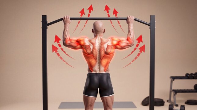 Back view of muscular athlete performing pullups showing latissimus dorsi muscle engagement