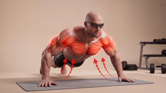 Fit man doing pushups on exercise mat with pectoral muscle highlights and movement arrows, pectoral