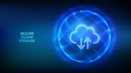 Secure Cloud Storage. Cloud computing. Database storage, Data center protection. Cloud icon inside inside glowing sphere and protective energy field on blue background. Vector illustration. © iuriimotov