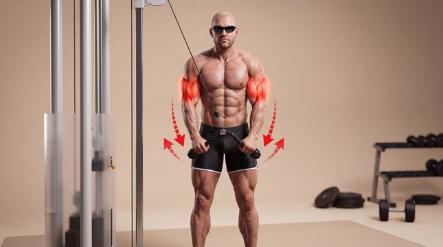 Muscular man performing cable tricep pushdown exercise with highlighted muscle group, pushdown