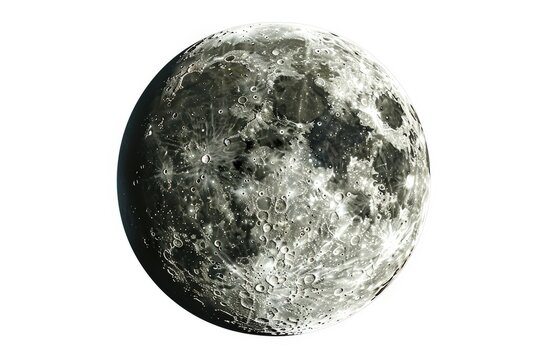Detailed close-up of the moon, showcasing its rugged surface with craters and maria, isolated on a plain background.
