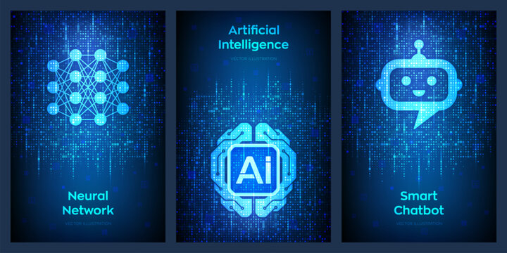 Artificial Intelligence banner set with digital brain, neural network and chatbot icons on blue binary code technology background. AI assistant and smart automation concepts. Vector illustration.