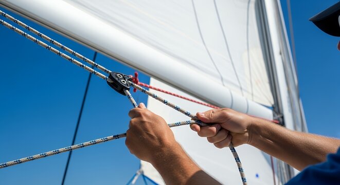 Hands pulling rope to hoist white sail on sunny sailing boat against clear blue sky
