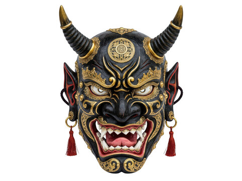 Traditional japanese hannya mask with gold ornate details and horns isolated on transparent background