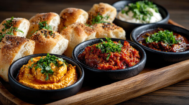 Assorted Middle Eastern mezze platter featuring a variety of savory dips like hummus, muhammara, and labneh, with fresh herbs and warm artisan bread, perfect for sharing