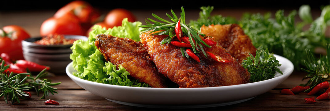 Deep fried fish fillets served on a white plate, offering a delicious and crunchy texture, topped with aromatic herbs and hot chili for a savory umami and spicy taste concept