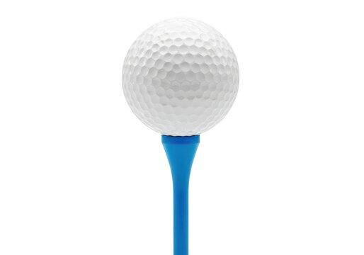 White golf ball on blue tee ready for swing