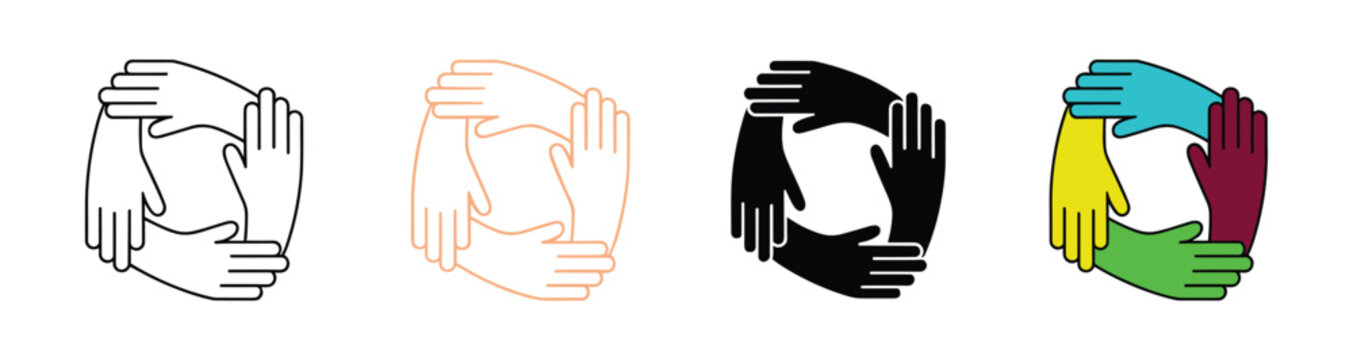Four circular hand arrangements in outline peach black and multicolored styles showing unity and teamwork concepts with hands overlapping in a square formation on a white background