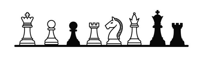 Black and white chess pieces including king queen rook knight and pawn arranged in a horizontal row on a flat line against a white background © Jibit