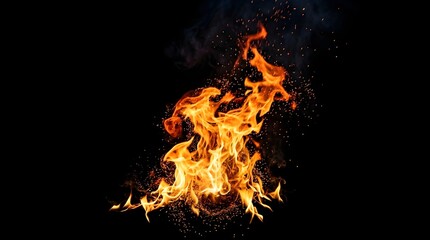 Fototapeta premium Blazing Fire Flame Isolated on Black Background with Sparks...Realistic blazing fire flame isolated on a black background with glowing sparks