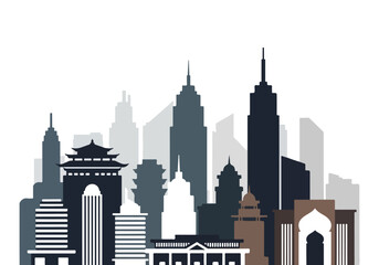 Obraz premium Diverse city skyline with modern and traditional architecture in various colors