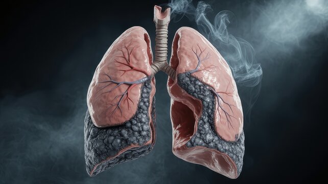 Anatomical model of human lungs showing the effects of smoking and pollution with one side healthy and the other damaged, isolated on dark background