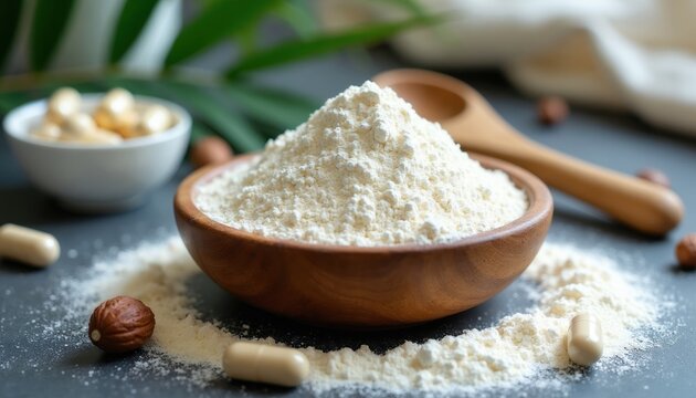White collagen powder heap in wood bowl. Capsules and nuts near powder pile. Spoon and white cloth in background. Natural wellness supplement for skin and joint health.