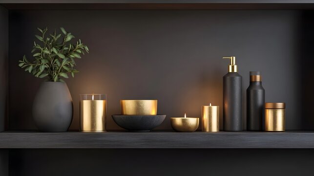 Elegant still life arrangement featuring a potted green plant gold bowl and perfume bottles on a dark background