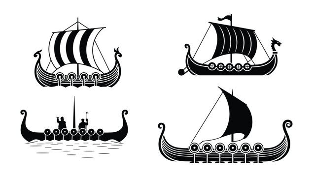 Set of four black silhouette viking longships with dragon head prows striped sails and circular shields on the hull isolated on a white background