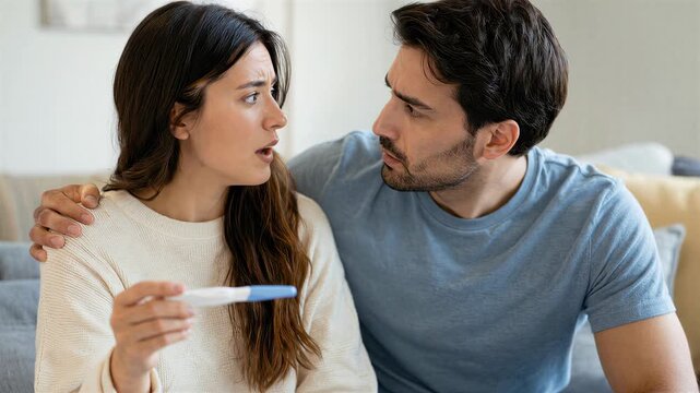 Worried young couple looking at pregnancy test result on couch, caring husband comforting his sad wife, concept of infertility, unexpected pregnancy or family planning.