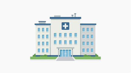 Fototapeta premium Modern Hospital Building with Blue Cross Symbol and Green Landscaping PNG Isolated on transparent background