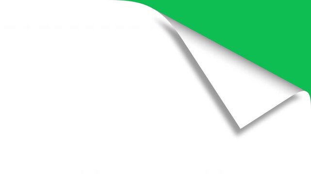 White page corner peel animation with paper peel motion revealing green screen open and close on top right and top left corners. 4K animated page peel for copy space, placeholder, and motion graphics.