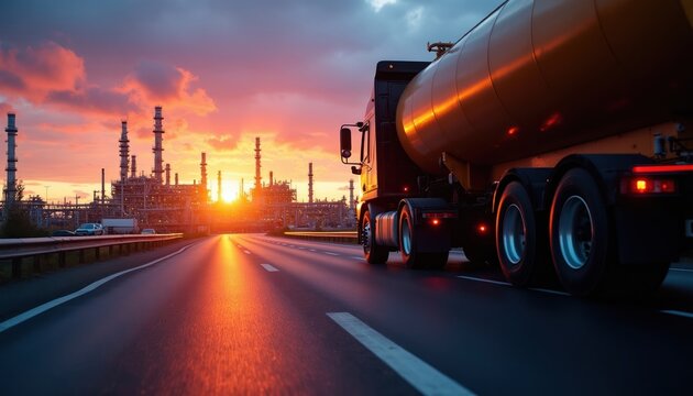 Tanker truck drives on highway near industrial refinery complex at sunset. Oil transportation by heavy vehicle for fuel production and energy supply industry.