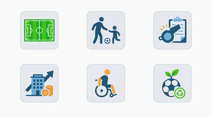 Fototapeta premium Set of six icons representing football related concepts like stadium, coaching, business, disability and sustainability PNG Isolated on transparent background