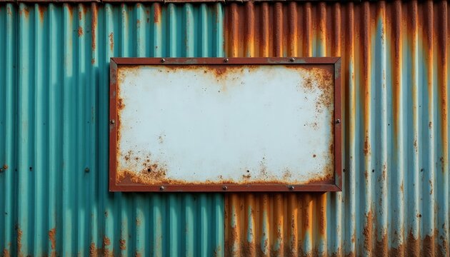 Corrugated metal wall teal and rust colors. Blank weathered sign with copy space. Industrial background texture grid. Aged surface panel. Design template overlay. Grungy iron facade.