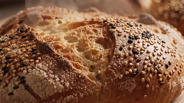 Artisan Bread with Sesame and Poppy Seeds Close Up Macro Shot.