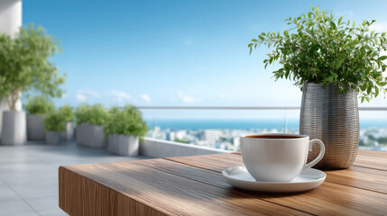 Fototapeta premium Morning coffee on a hotel terrace overlooking a coastal city and sparkling blue sea, enjoying a relaxing breakfast moment during vacation travel, embracing luxury accommodation and serene views