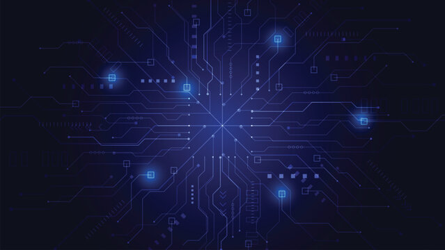 Abstract circuit board pattern with glowing blue lines on a dark navy background