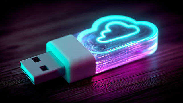 A cloud shaped USB drive representing portable cloud storage, data backup, and flexible digital file access across connected devices.
