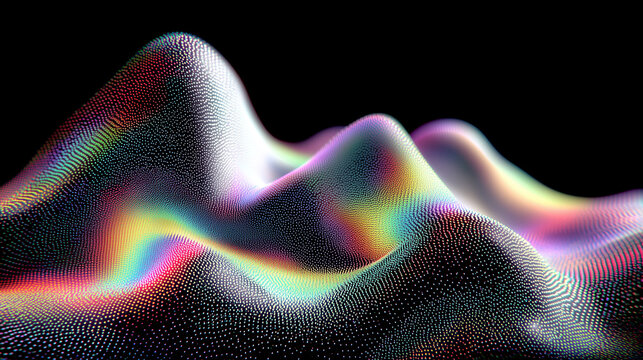 A colorful particle wave forms an abstract digital landscape, representing data visualization, artificial intelligence patterns, creative technology, and future innovation.
