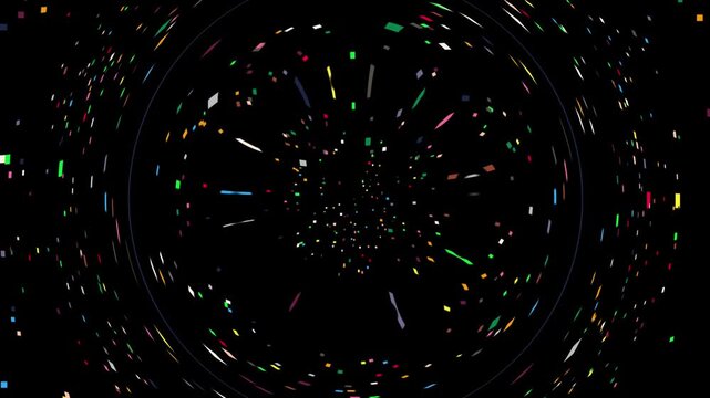 Pixel art tiny colorful shapes flowing around circle on black background