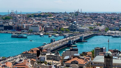 Fototapeta premium Istanbul, Turkey - May 19, 2026: Panoramic view of Istanbul, Turkey, showing the city skyline, buildings, urban neighborhoods, rooftops, and scenic cityscape.